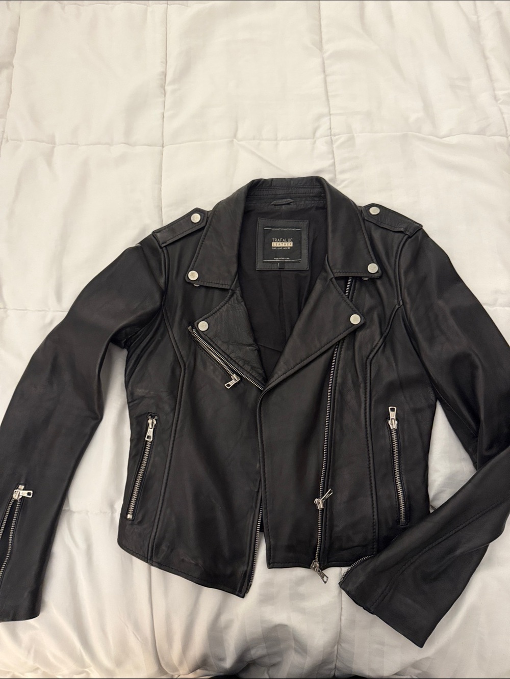 Zara Black Leather Biker Jacket with Silver Hardware